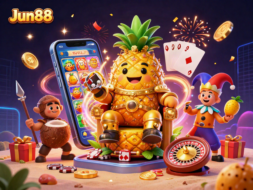 Experience thrilling fun at Jun88 with the golden pineapple king and lively casino elements.