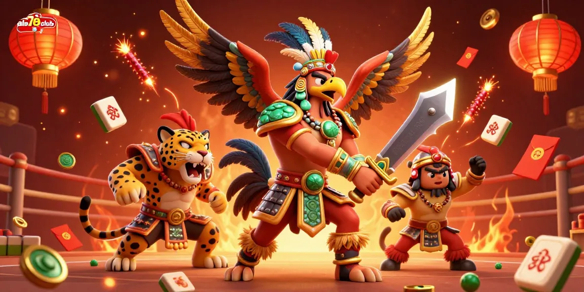 Join the excitement at alo789club with a fierce Aztec warrior and jaguar in a dynamic cockfighting scene, featuring golden luck elements.