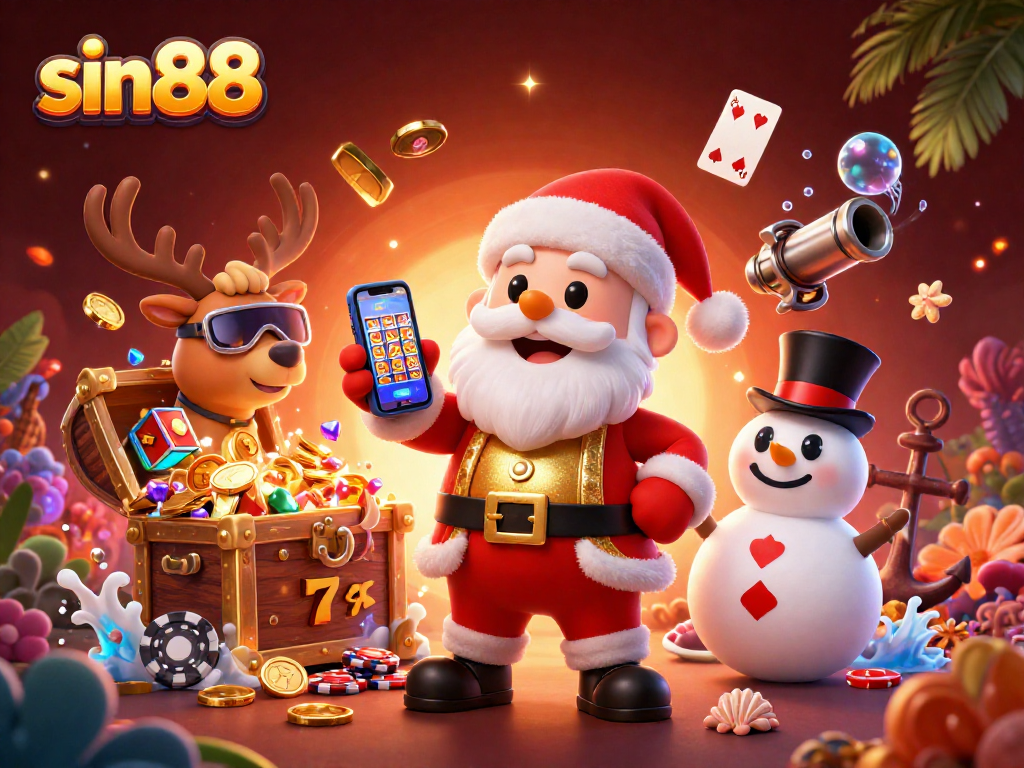 Experience exciting slots with sin88's Santa Claus and friends amidst festive treasures.
