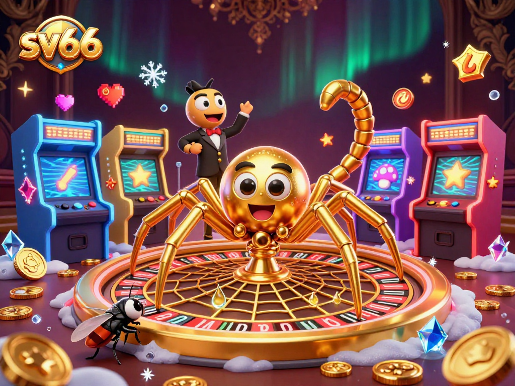 sv66 players nervously betting while a golden spider spins a roulette wheel web in elaborate casino scene