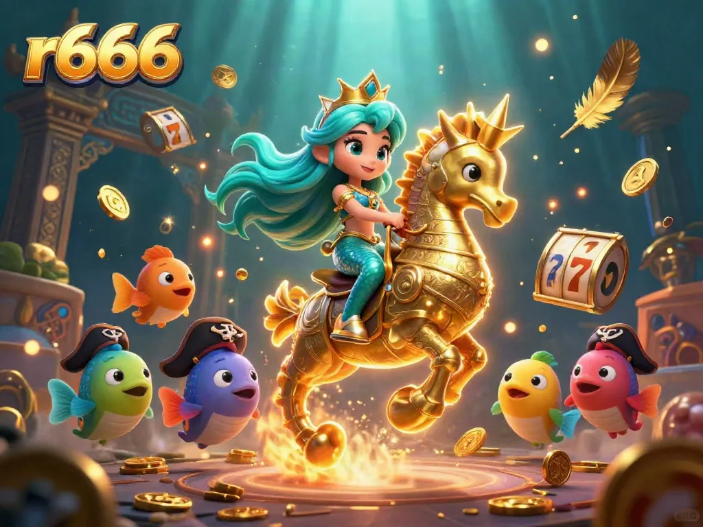 Join the r666 adventure with a vibrant underwater casino featuring a mermaid princess and her seahorse!