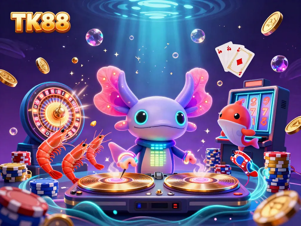 Experience thrilling fun at TK88 with a vibrant axolotl DJ and casino game elements.