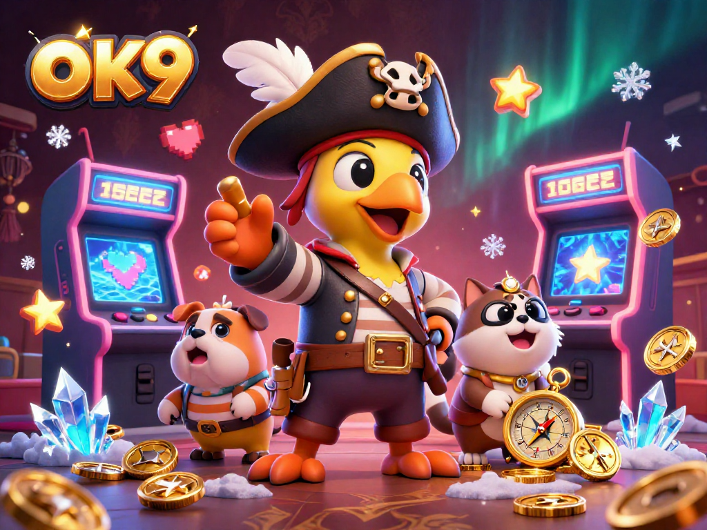 Experience the thrilling adventures at ok9's online casino with pirate captain and companions amidst dynamic gaming elements.