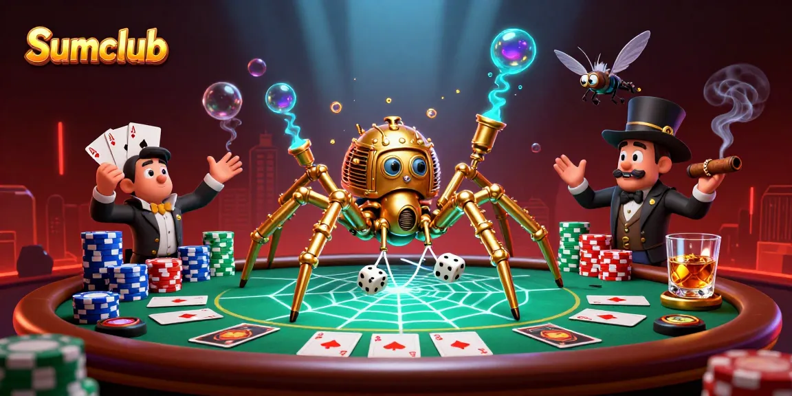 Engage with Sumclub's vibrant 3D scene showcasing a steampunk spider and a fly gentleman amidst poker elements.