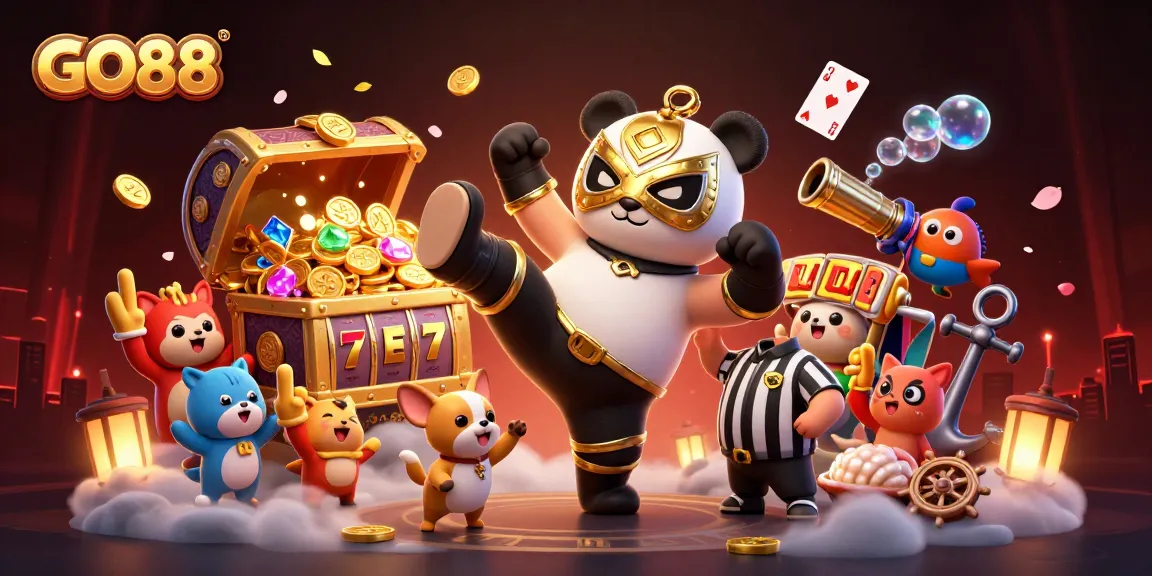 GO88's exciting atmosphere features a wrestler panda and animal fans enjoying slot games with vibrant elements.