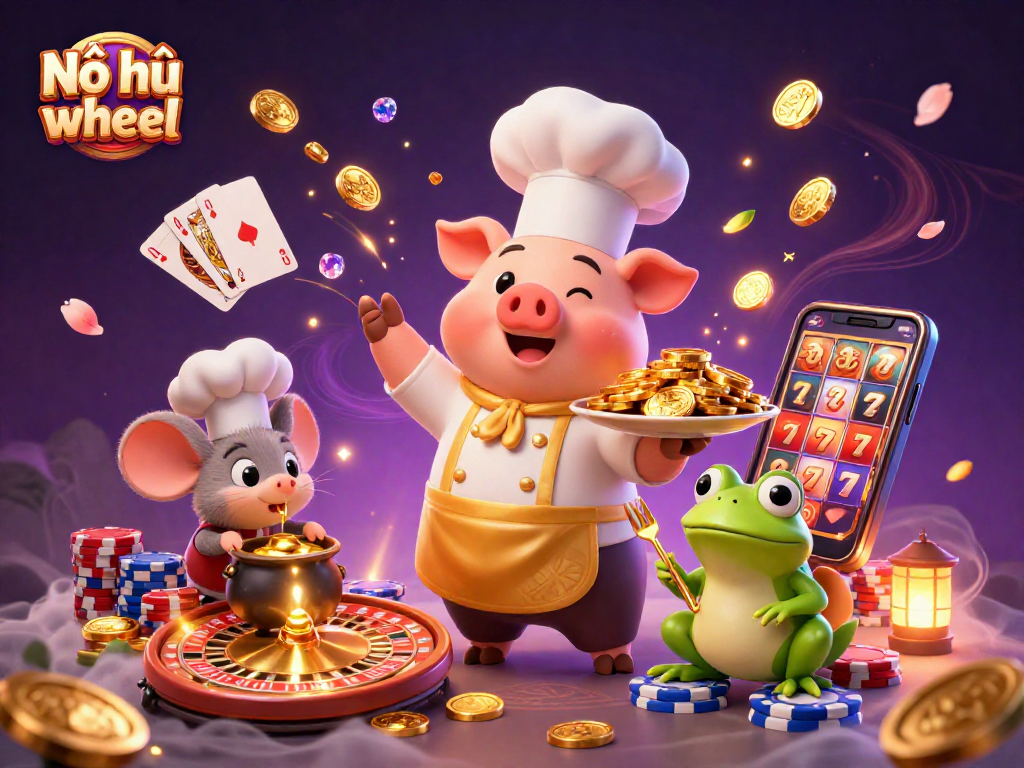 Nổ hũ wheel offers thrilling spins with golden coins cascading, showcasing a vibrant casino illustration.