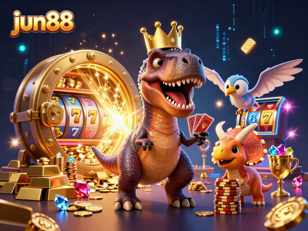 jun88 showcases a 3D T-Rex playing cards in an exciting casino environment with vibrant elements.