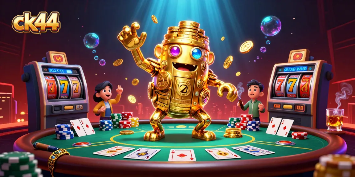 Experience the excitement of ck44 with this vibrant 3D casino scene filled with golden golems and poker action.