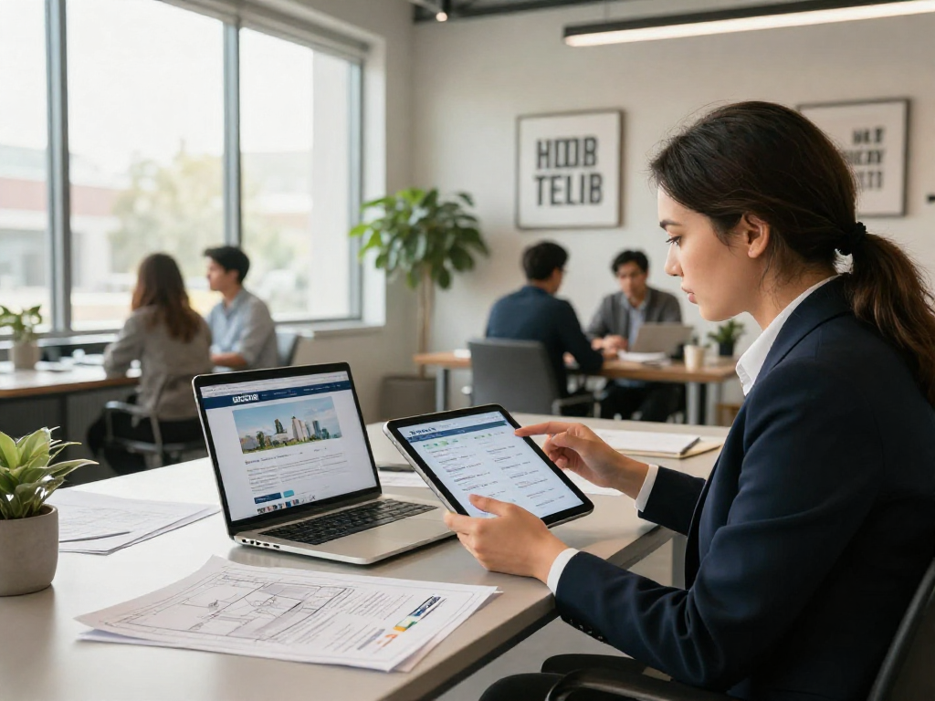 Real estate professional analyzing IDXSTAR property listings in a modern office.
