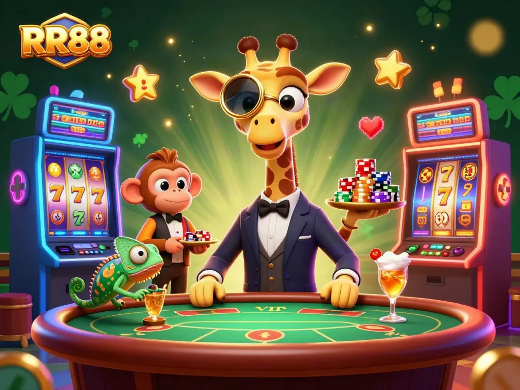 Engage in thrilling gaming adventures with RR88's vibrant 3D cartoon casino scene featuring slot machines and playful characters.