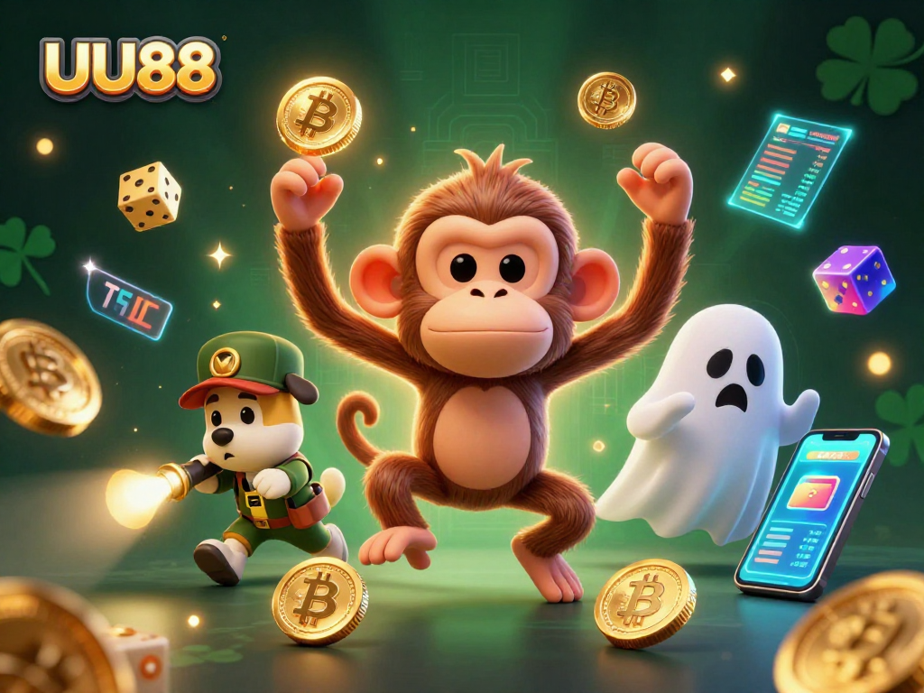 Experience thrilling wins at UU88 as the playful poltergeist monkey juggles golden tokens in haunted casino ambiance.