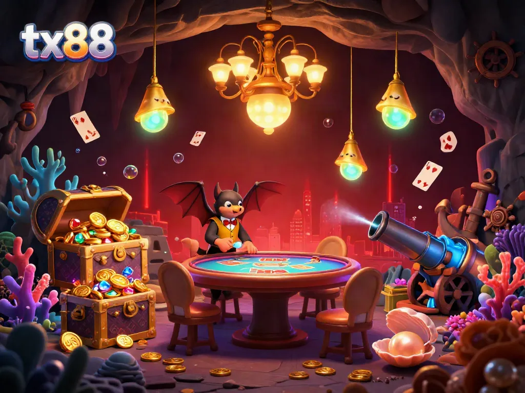 Experience the vibrant cave casino with tx88, featuring glowworms illuminating the scene, bat dealer, and treasures.
