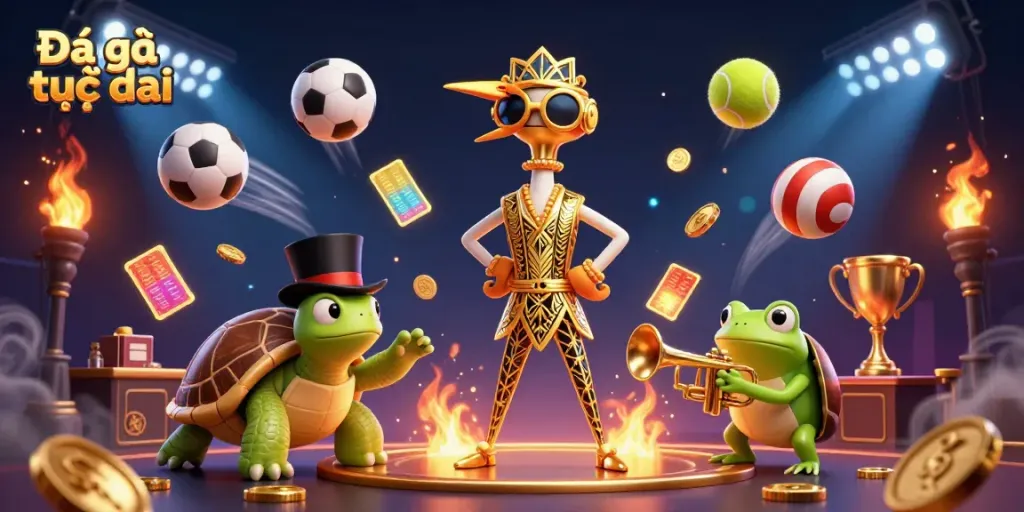 Experience thrilling Đá gà trực tiếp with dynamic characters at a vibrant speakeasy and energetic sports ambiance
