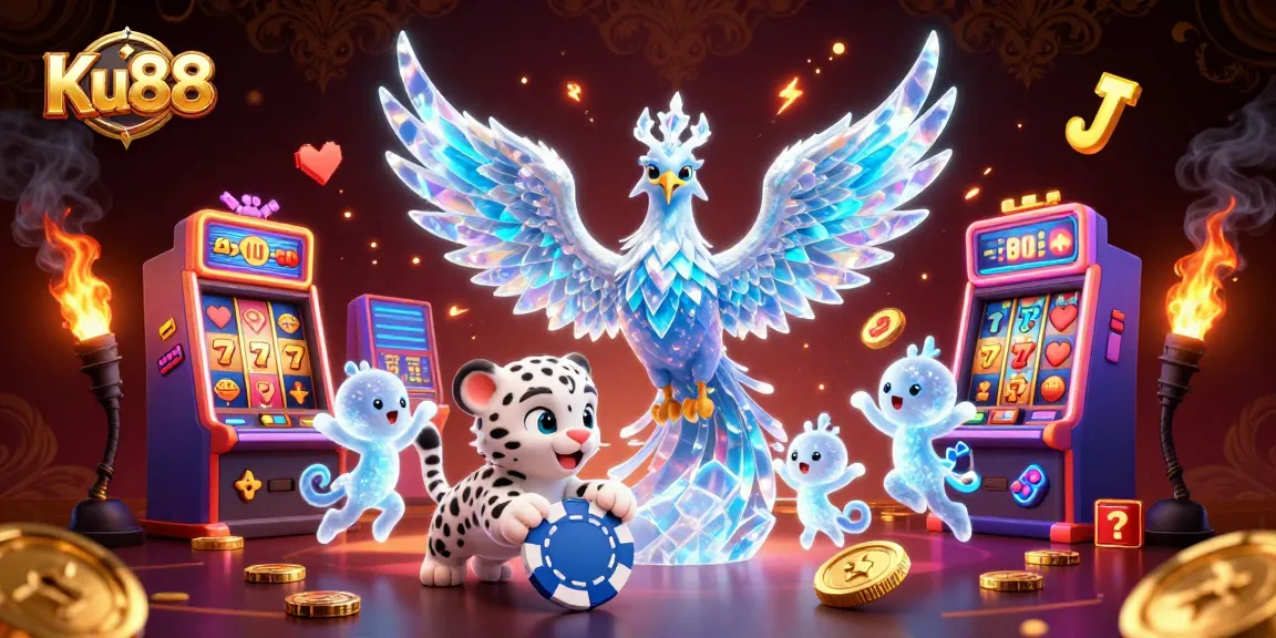 Engage with Ku88's vibrant casino scene featuring an ice phoenix and lively slot machines.
