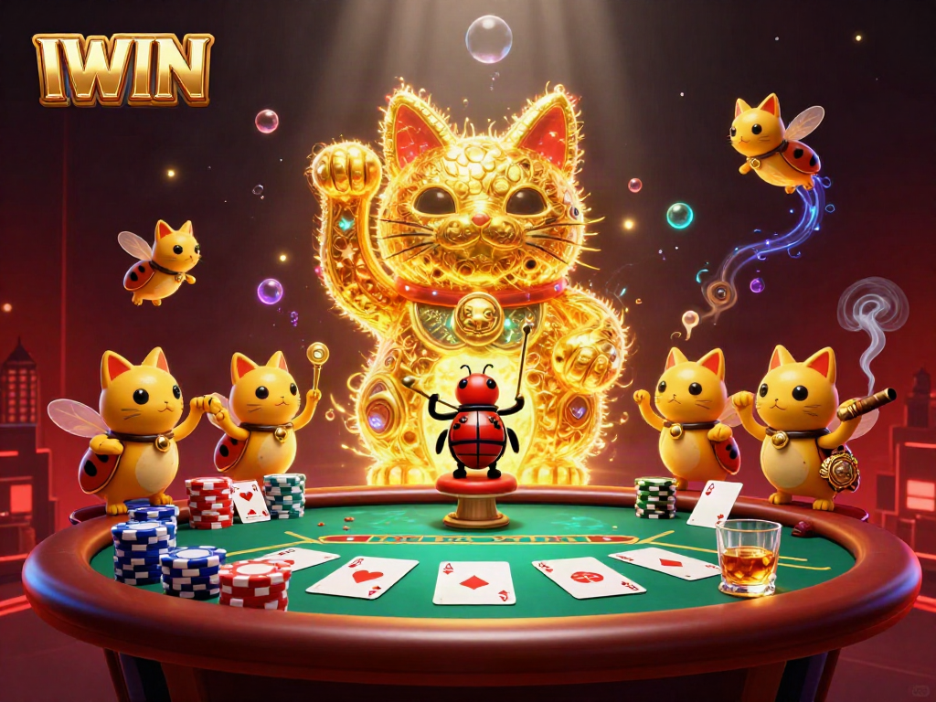IWIN players enjoy an immersive gaming experience with a cartoon lucky cat and dynamic casino atmosphere.