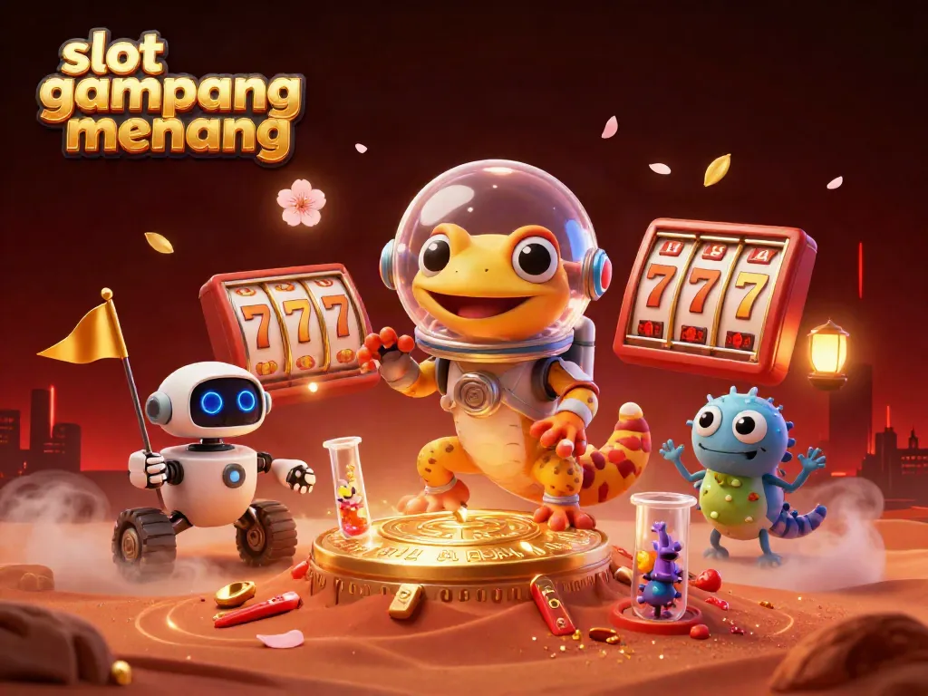 Engage with slot gampang menang as a Martian gecko discovers a golden casino on Mars in a vibrant 3D scene.