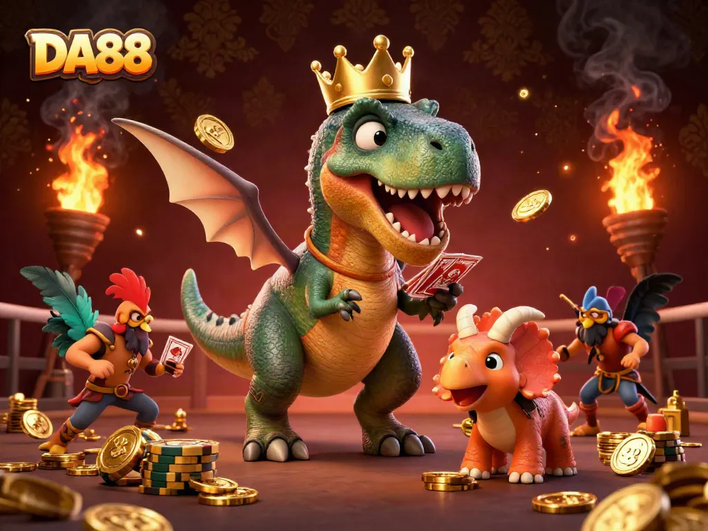 Experience bet excitement at DA88 with T-Rex card shuffling and baby triceratops stacking chips.