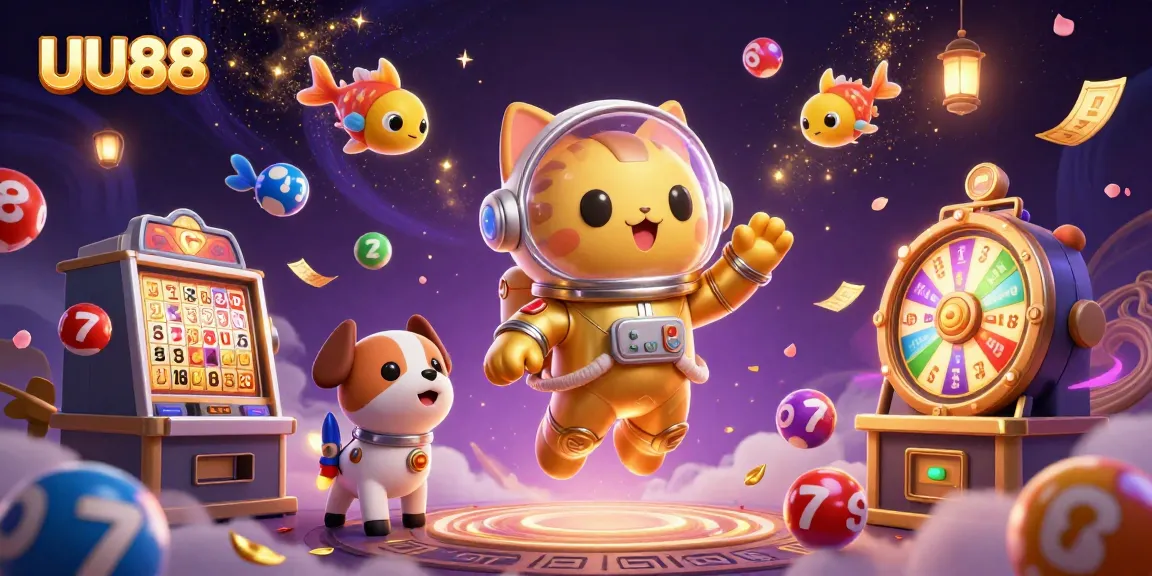 Engage in thrilling gameplay at UU88 with vibrant lottery and slot elements animated around a whimsical scene.
