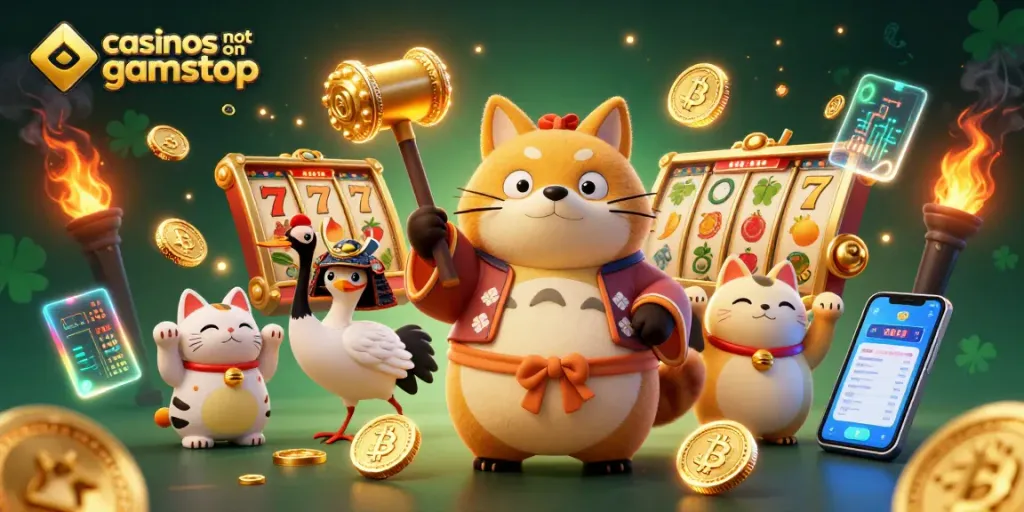 Engage with casinos not on gamstop in this vibrant 3D illustration featuring lucky characters and slot elements.