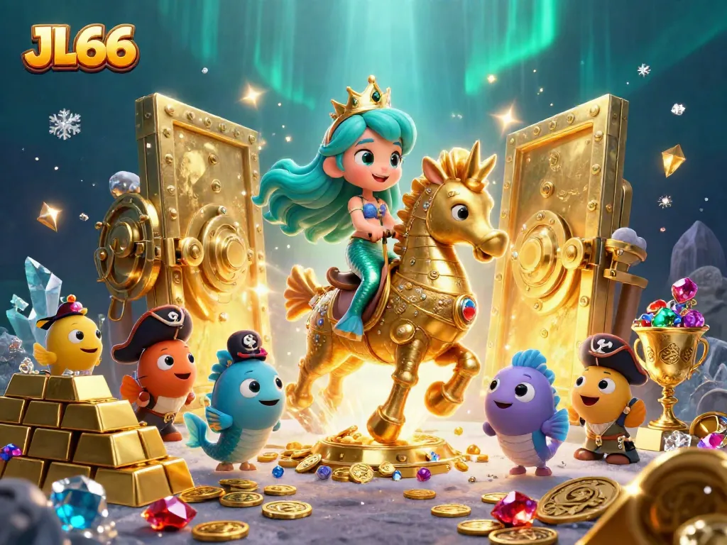 JL66 Casino: Enjoy thrilling underwater adventures with mermaids and seahorses in this vibrant gaming illustration.