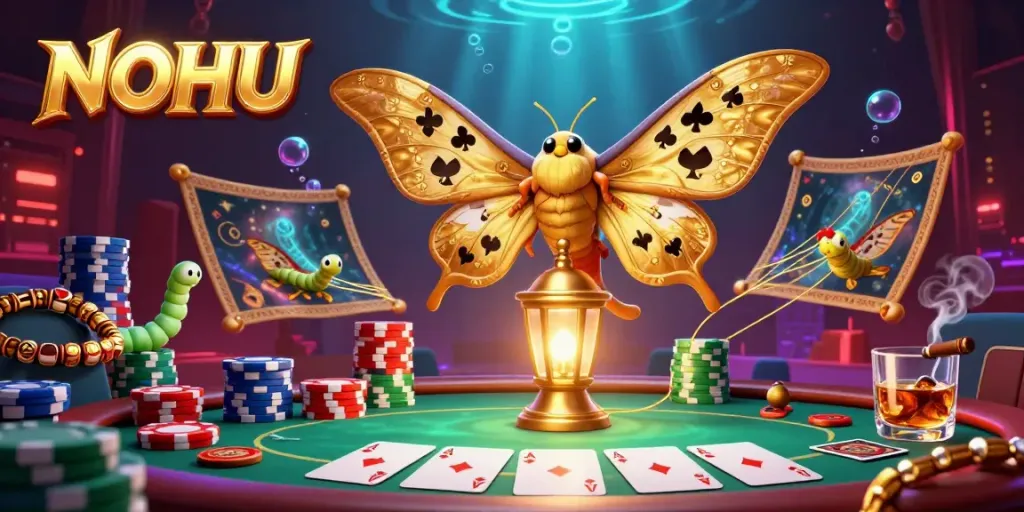 Experience the dynamic world of NOHU with golden-winged moths and vibrant casino elements.