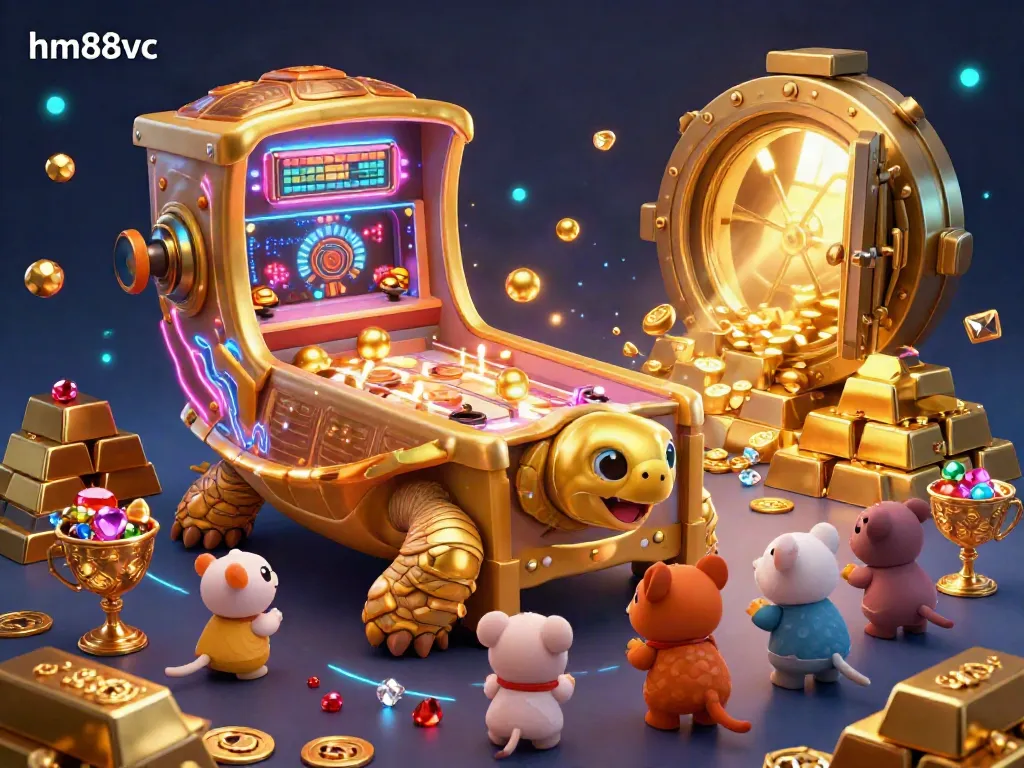 Spin and win with the hm88vc pinball-themed casino featuring a golden tortoise surrounded by treasures.