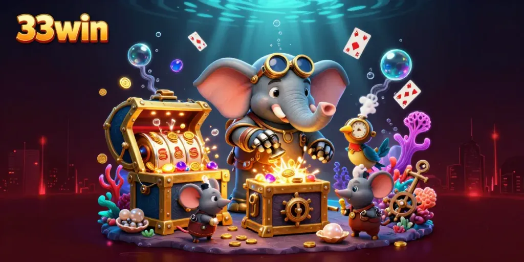 Experience thrilling gameplay with 33win's vibrant slot machine and captivating characters in a dynamic casino setting.