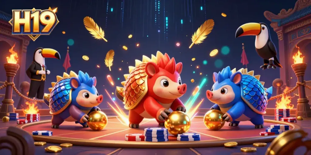 Pangolins in battle gear competing in a vibrant casino game scene, H19-themed excitement.