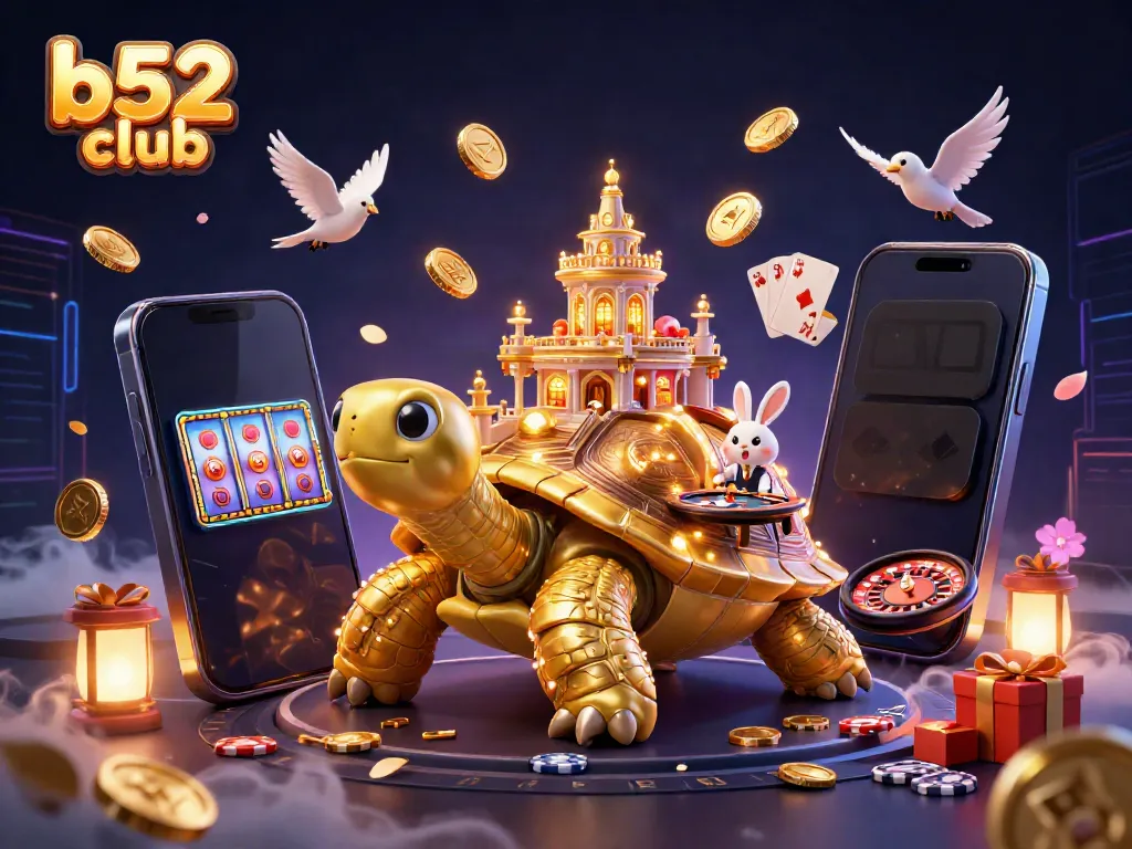 Experience the vibrant b52 club with lively characters and casino games in this dynamic 3D illustration.