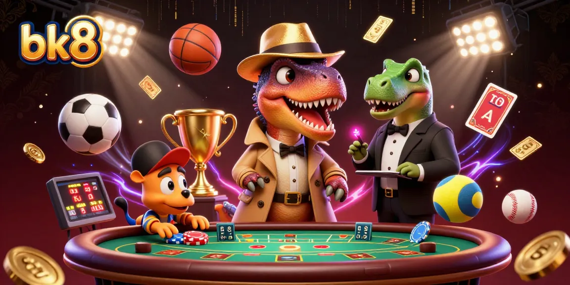 Place bets and strategize with bk8 while a velociraptor picks cards at a casino table.