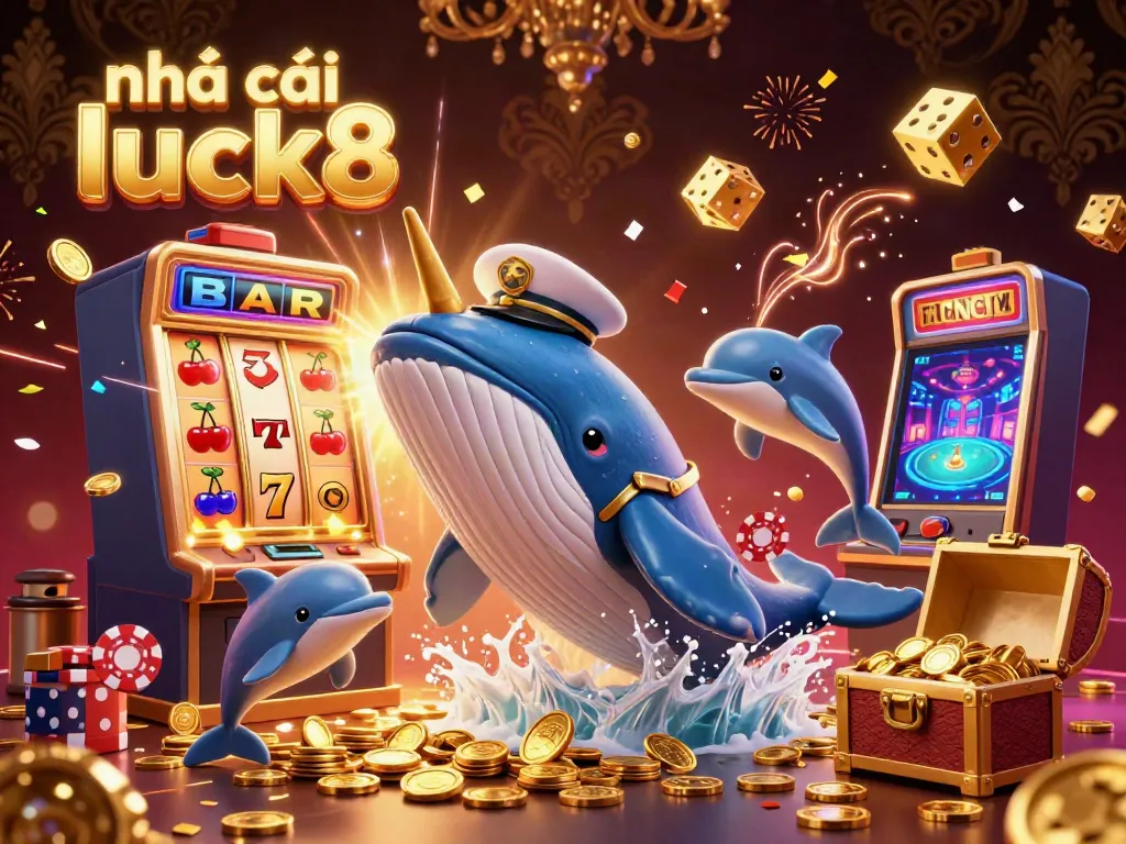 Engage with Nhà cái luck8 in a vibrant casino scene featuring a playful whale, slot machine, and poker chips.