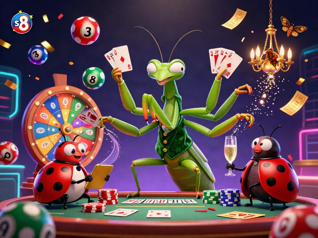 Experience the excitement of s8 as a cartoon praying mantis dealer shuffles cards and pours champagne amidst casino magic.