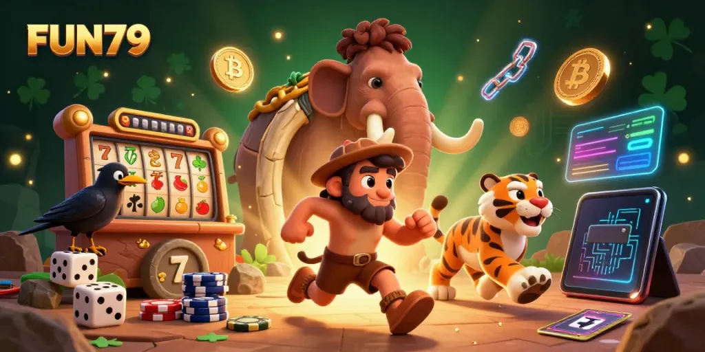 Engage with FUN79's thrilling prehistoric casino environment featuring a caveman and tiger duo alongside vibrant slot elements.