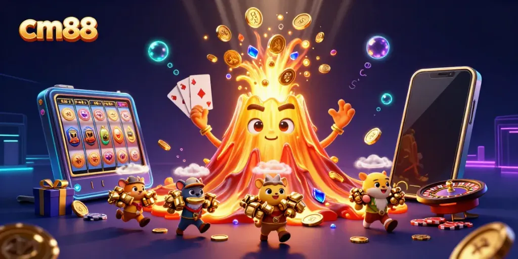 Experience thrilling wins at cm88 with a golden volcano erupting coins and vibrant gaming elements.