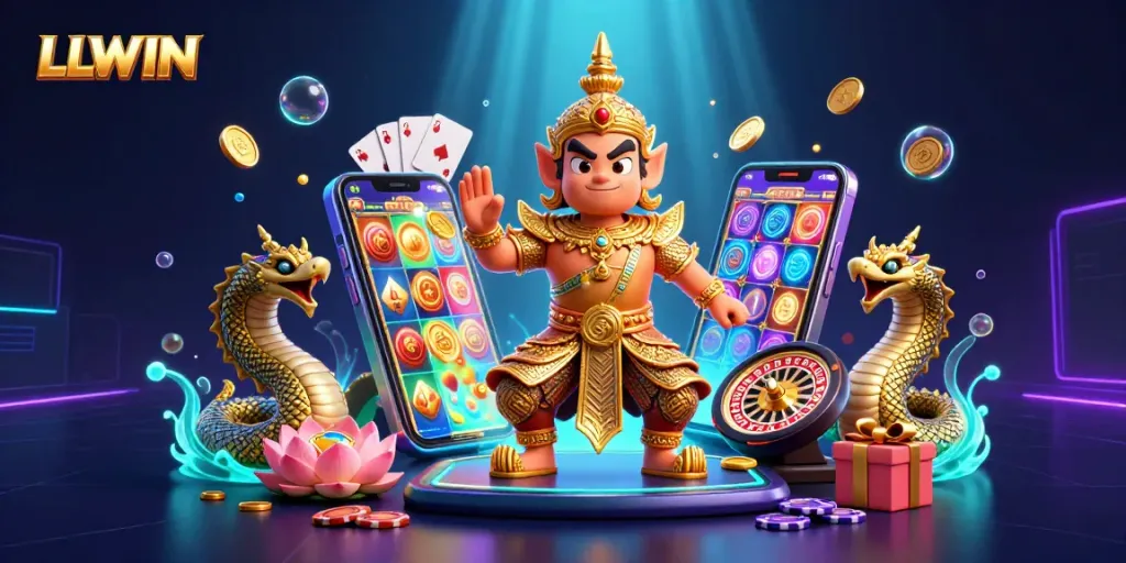 Experience LLWIN's vibrant casino atmosphere with a guardian and games exploding with winnings.