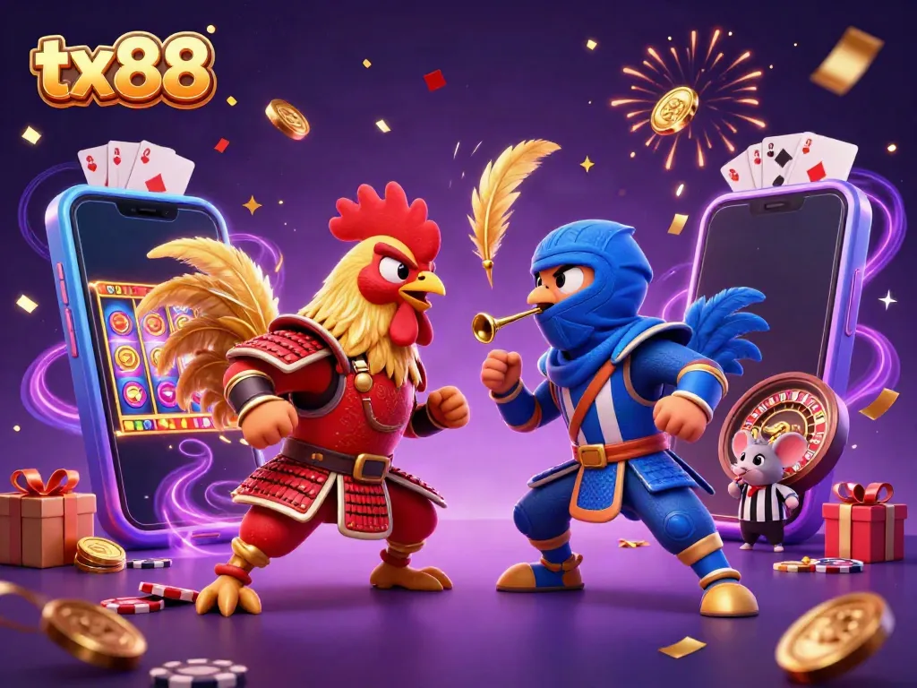 Engage in thrilling battles at tx88 with dynamic 3D cartoon roosters, slot games, and casino action.