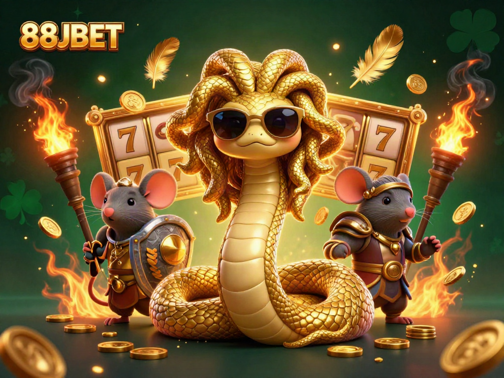 Engage with 88JBET's thrilling slot machines surrounded by Medusa and a warrior mouse in a vibrant casino scene.