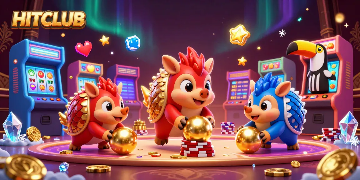 HITCLUB pangolins bowling through poker chips with vibrant slot game elements.
