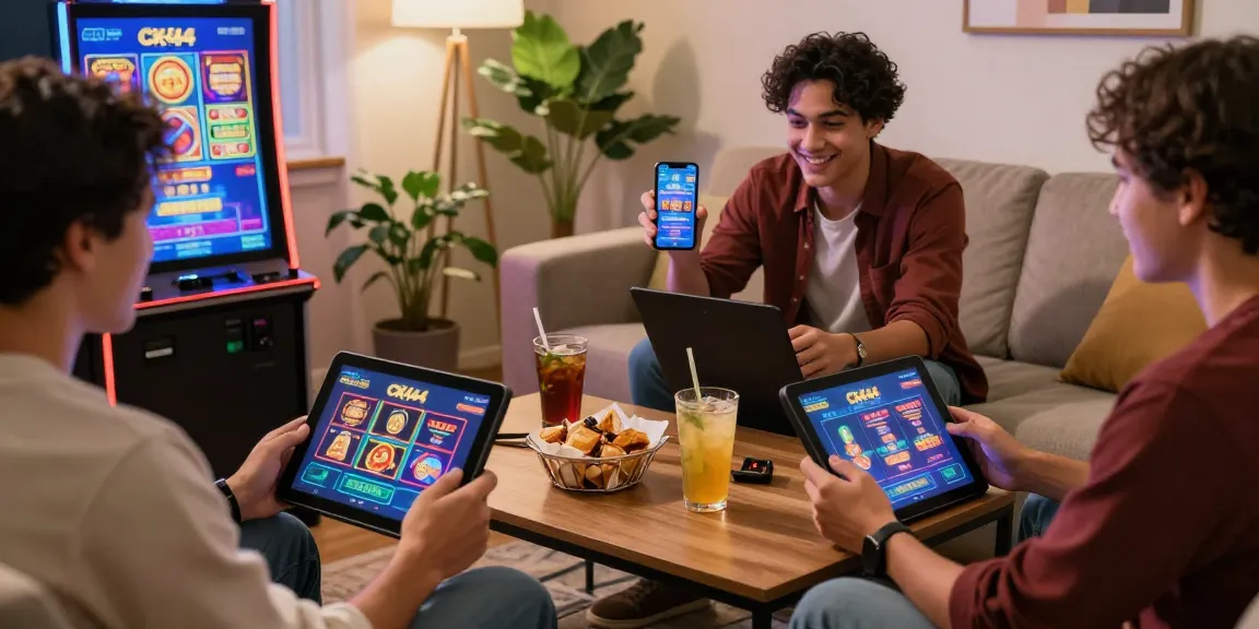 Friends enjoying CK444 online casino games on devices in a cozy living room.