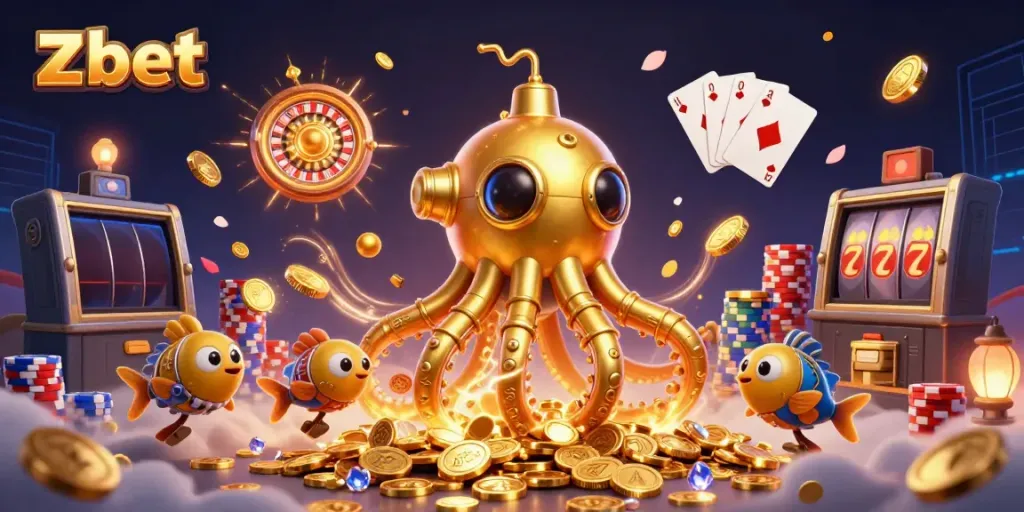 Zbet showcases a golden kraken submarine amidst piles of coins, encapsulating the thrill of elegant gambling adventures.