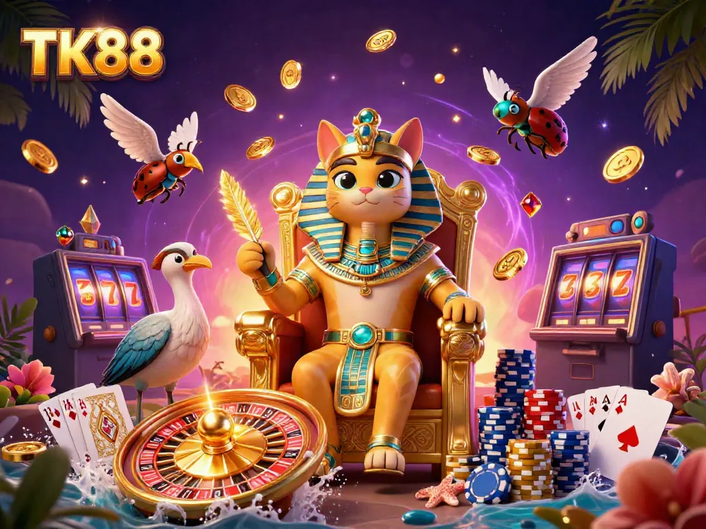 Experience the excitement of TK88 with a playful Egyptian theme, showcasing vibrant casino game elements.