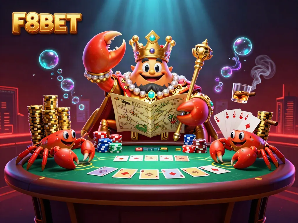 F8BET showcases a golden crab emperor in a vibrant casino scene with poker elements.