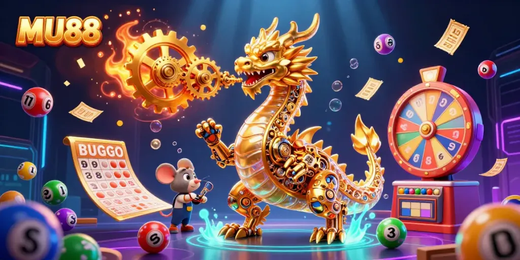 Engage with immersive gaming at MU88, featuring a golden dragon and lottery elements.
