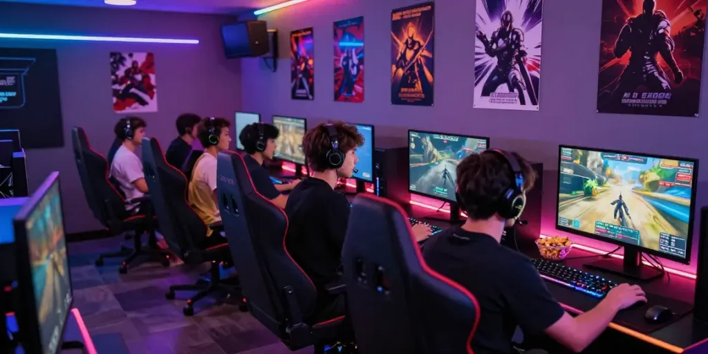 Gamers fully engaged in an exciting HITCLUB multiplayer session with modern gaming setups.
