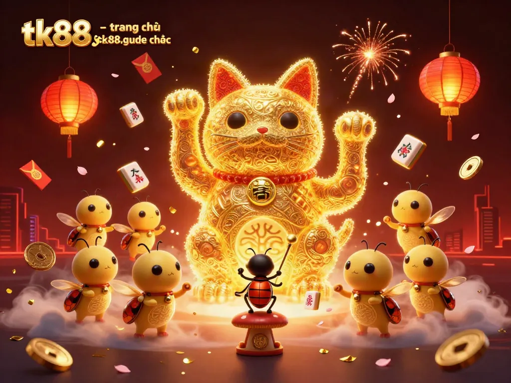 Engaging scene of a golden lucky cat and conductor beetle highlighting tk88 - trang chủ tk88.guide chính thức in an animated casino setting.