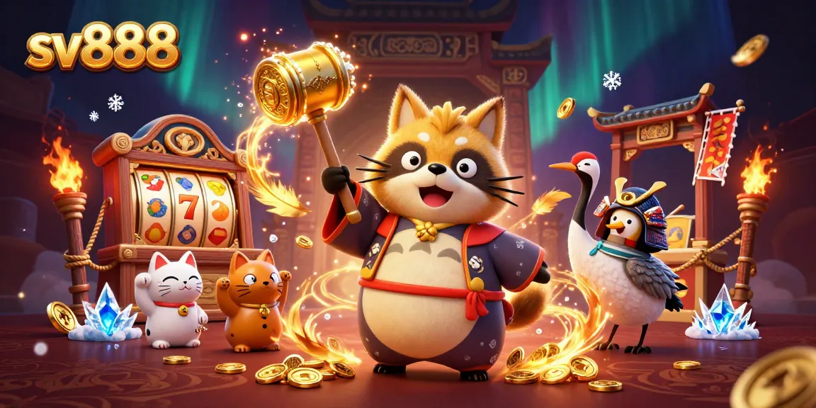 Take a chance with sv888 in this vibrant casino scene showcasing a cheerful tanuki and lucky elements.