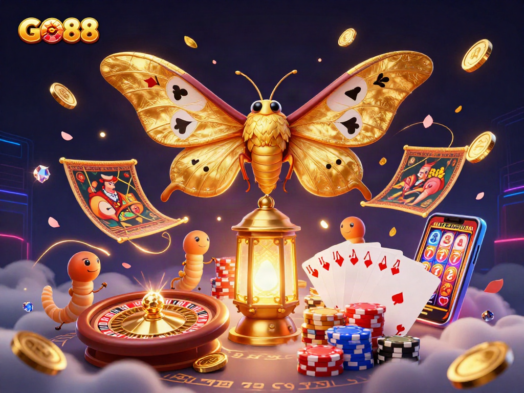 GO88 showcases a vibrant casino scene with a majestic moth and dynamic gaming elements.