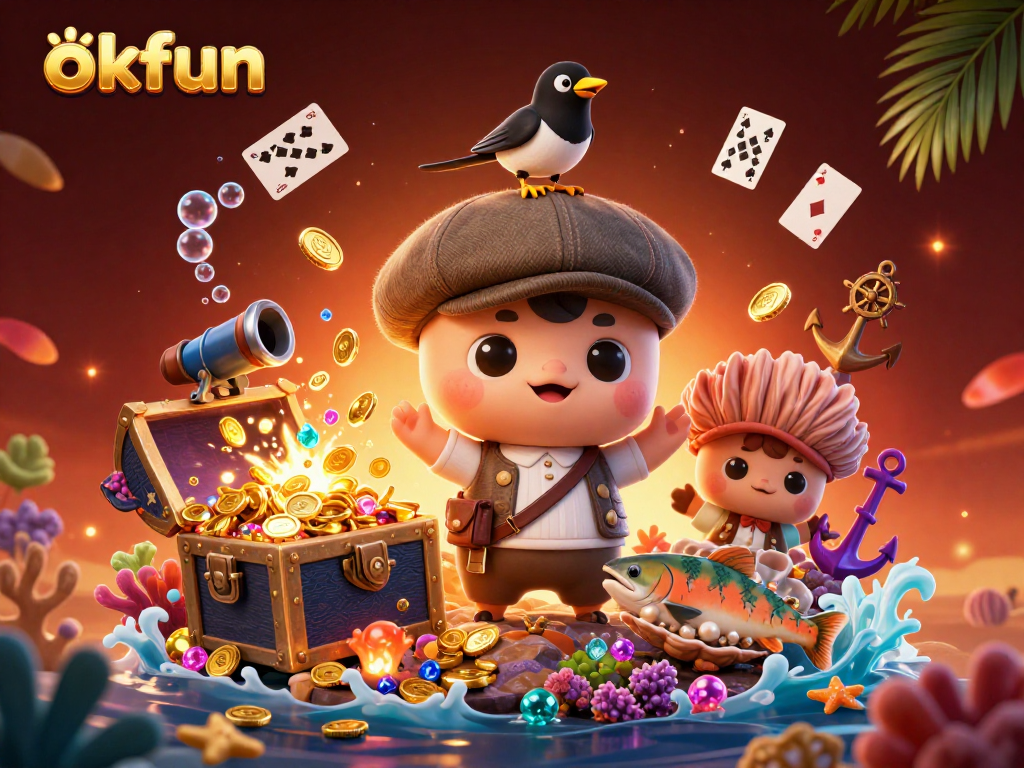 Join the fun at okfun with a playful creature and treasure in a vibrant online casino scene.