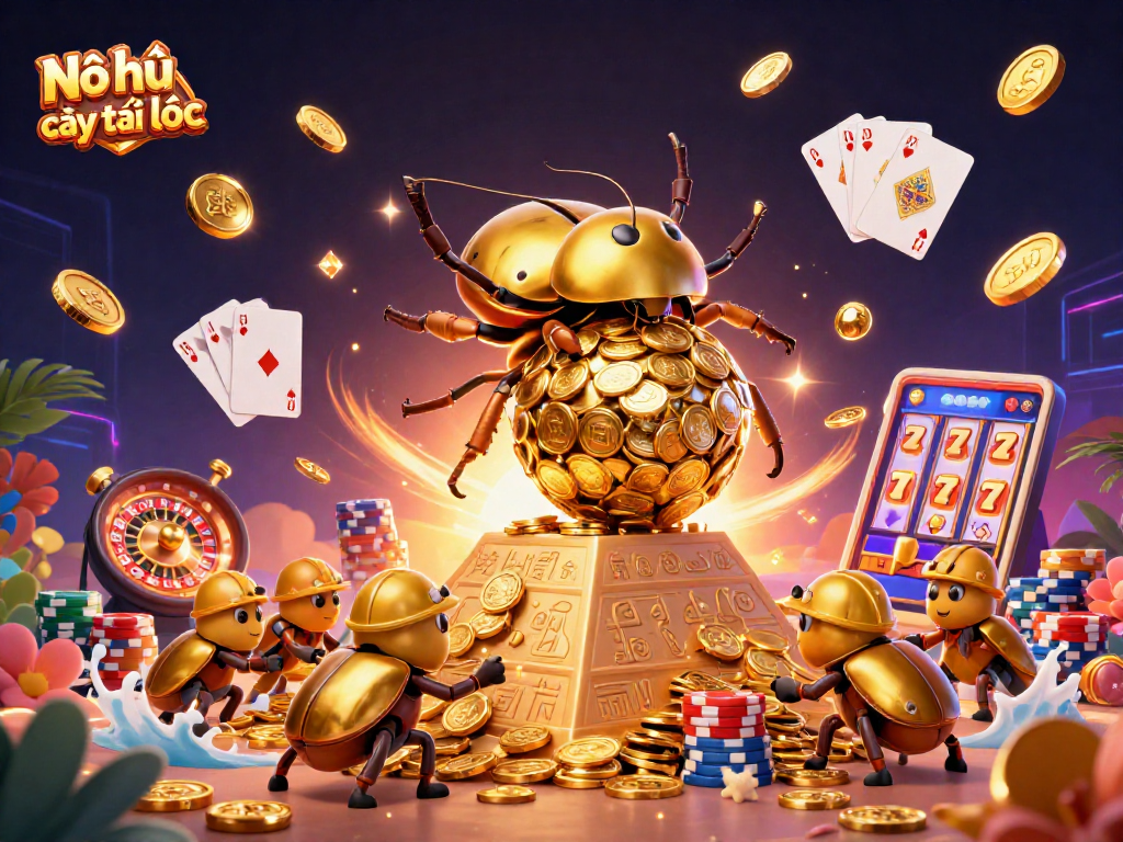 Nổ hũ cây tài lộc takes center stage as a golden beetle rolls coins, surrounded by casino magic.