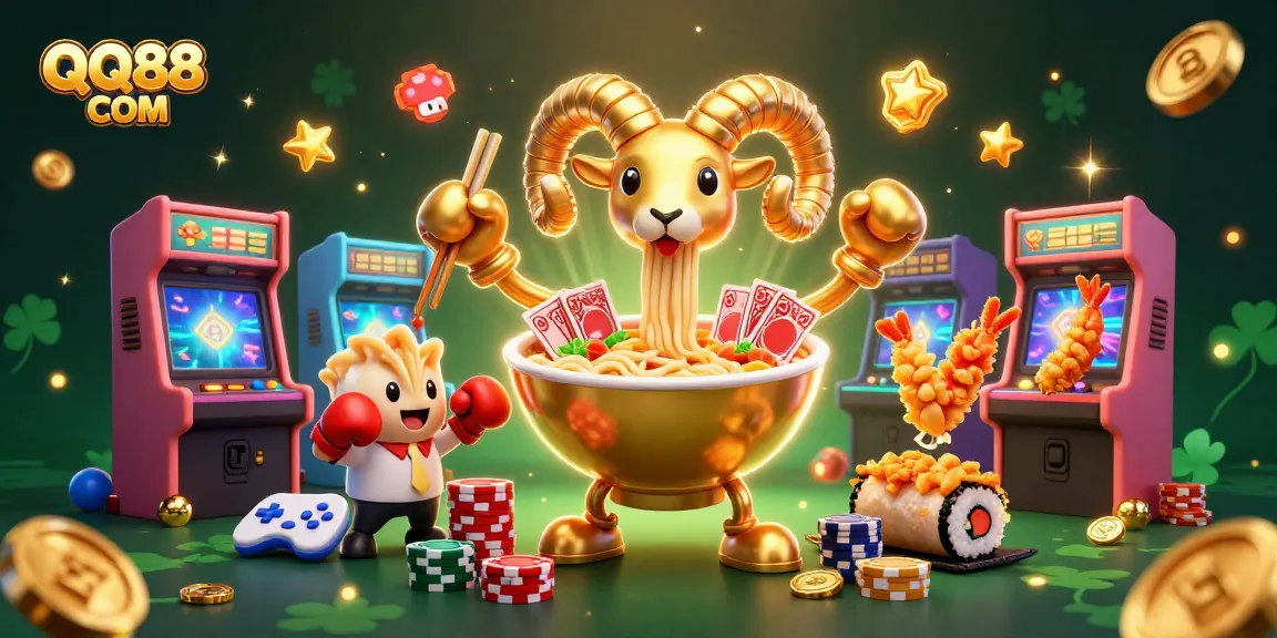 Engage with QQ88 COM in a vibrant, action-packed casino illustration showcasing unique characters and dynamic elements.